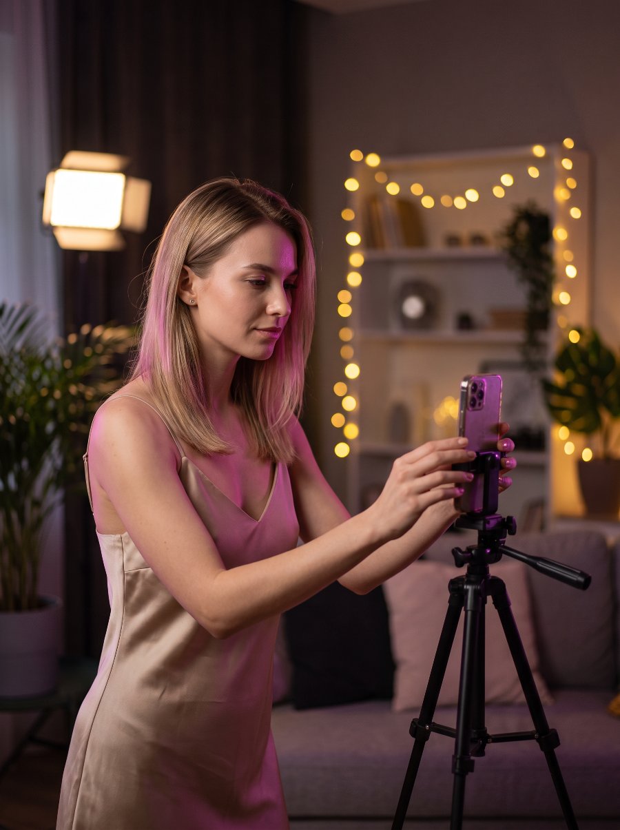 Blonde creator filming content